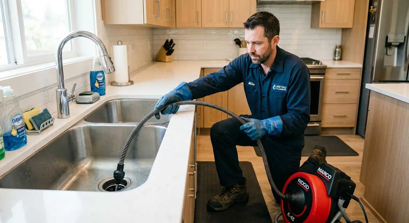 Drain cleaning technician using a motorized snake on a kitchen sink in Forest Hills