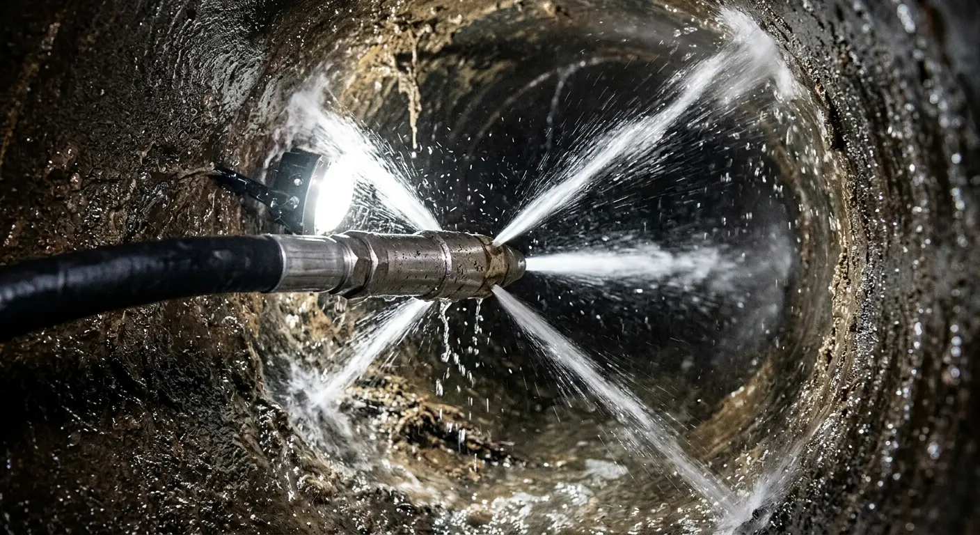 High-pressure hydro jetting nozzle cleaning sewer pipe for Emergency Drain Service in Forest Hills