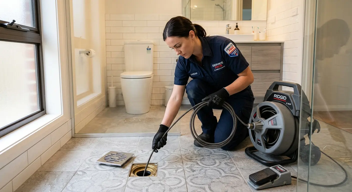 Technician clearing a bathroom floor drain for Drain Repair in Forest Hills